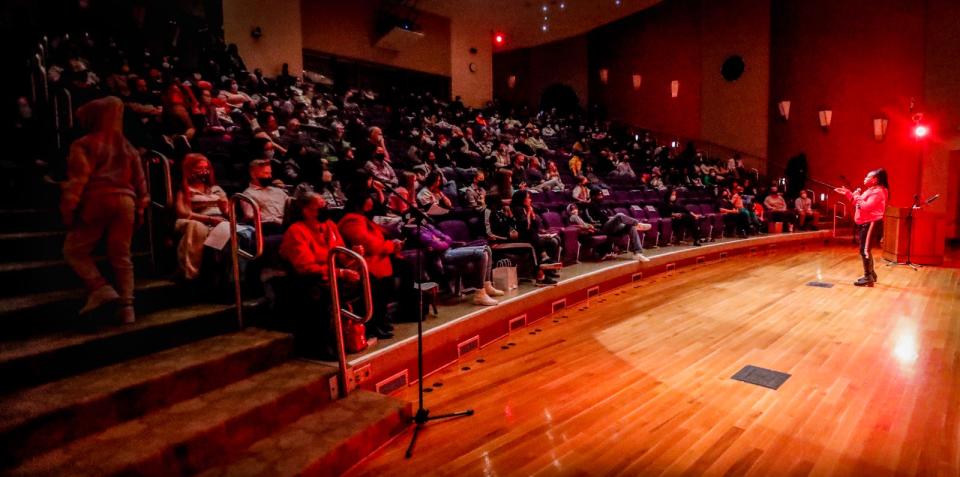 Sybrina Fulton, the mother of Trayvon Martin, speaks during Fall Fest 2021 and Slammin Rhymes Challenge XV on Saturday, Nov. 20, 2021, at the Central Library in Indianapolis. 