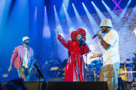 Pras, from left, Lauryn Hill and Wyclef Jean of the Fugees perform during "The Miseducation of Lauryn Hill" 25th anniversary tour on Sunday, Nov. 5, 2023, at the Kia Forum in Inglewood, Calif. (Photo by Willy Sanjuan/Invision/AP)