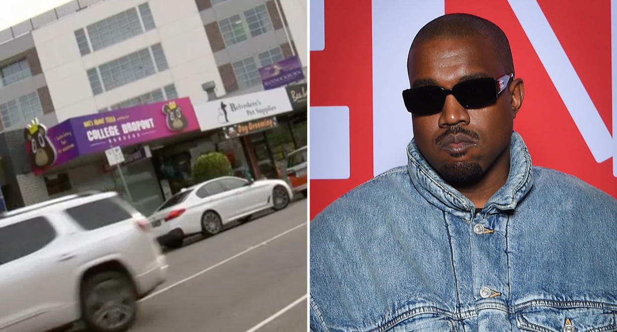 Kanye West sent a cease and desist to a Melbourne burger restaurant called College Dropout Burgers. Source: 7News/Getty Images