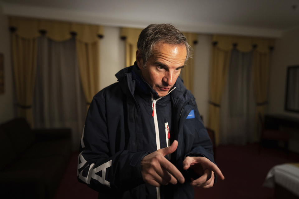 U.N. atomic energy chief Rafael Mariano Grossi speaks to journalists after visiting Zaporizhzhia Nuclear Power Plant during a press conference in Dnipro, Ukraine, Wednesday, March 29, 2023. (AP Photo/Evgeniy Maloletka)