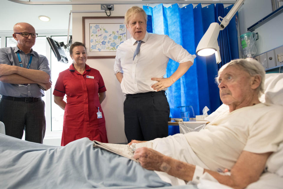 Prime Minister Boris Johnson meets staff and patients during a visit to West Cornwall Community Hospital, in Penzance, Cornwall, whilst on the General Election campaign trail.