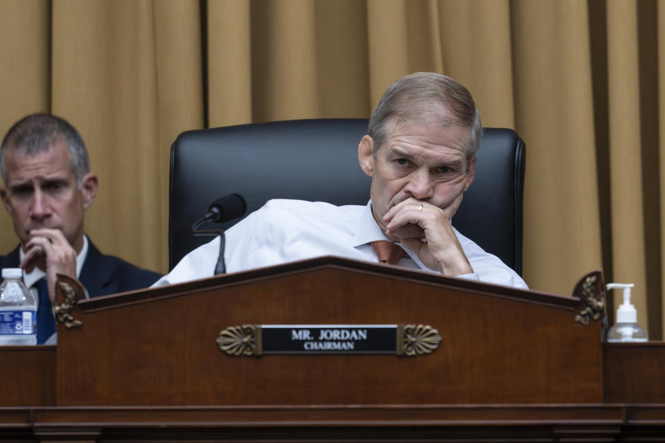 FILE - House Judiciary Committee Chairman Jim Jordan, R-Ohio, listens as Attorney General Merrick Garland appears before a House Judiciary Committee hearing, Wednesday, Sept. 20, 2023, on Capitol Hill in Washington. (AP Photo/J. Scott Applewhite, File)