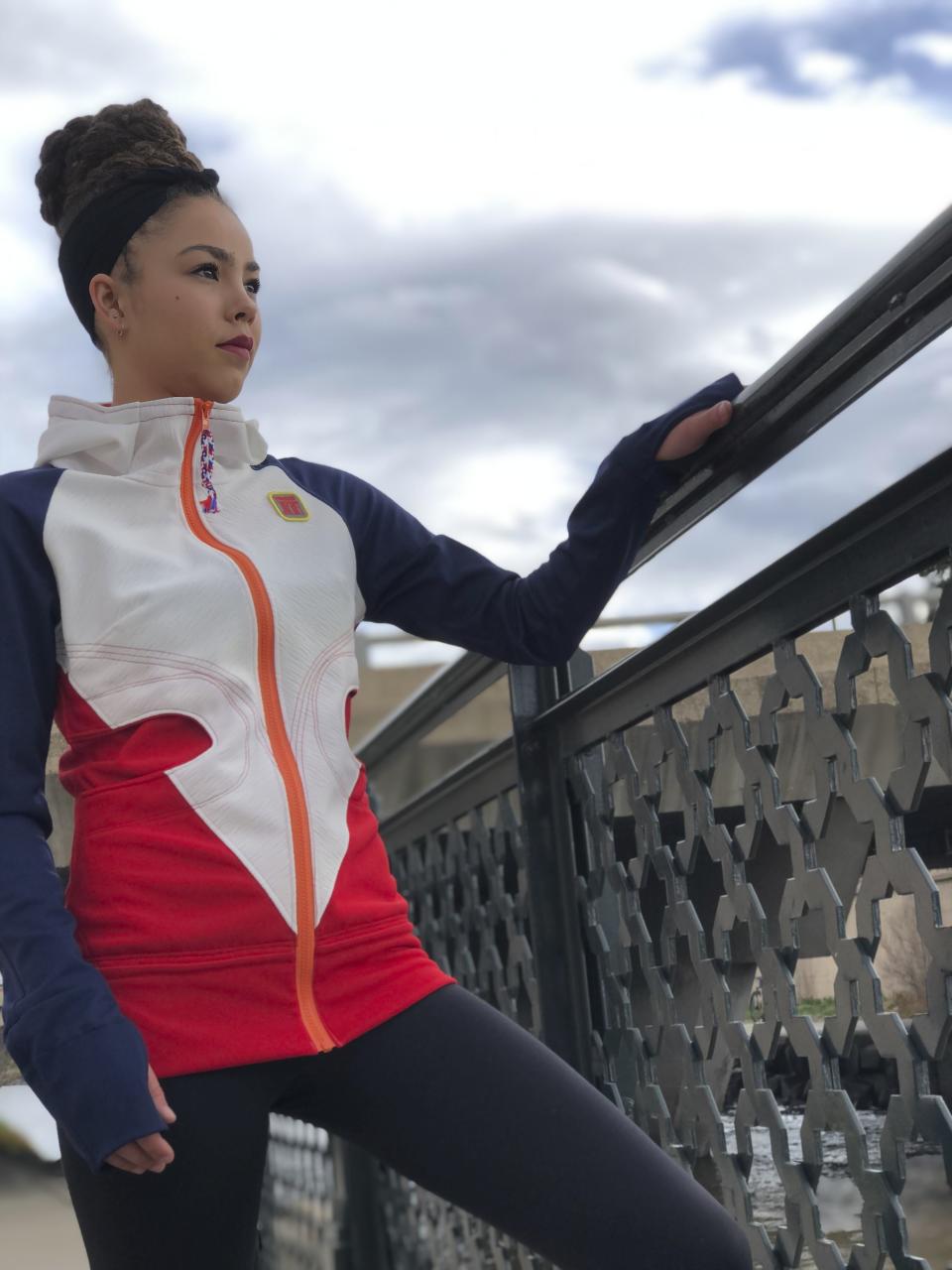 In this Spring 2019 photo provided by Sarah Vander Neut, a model wears a Vander Jacket, sportswear handmade by Vander Neut in her Aurora, Colo., home. (Sarah Vander Neut via AP)