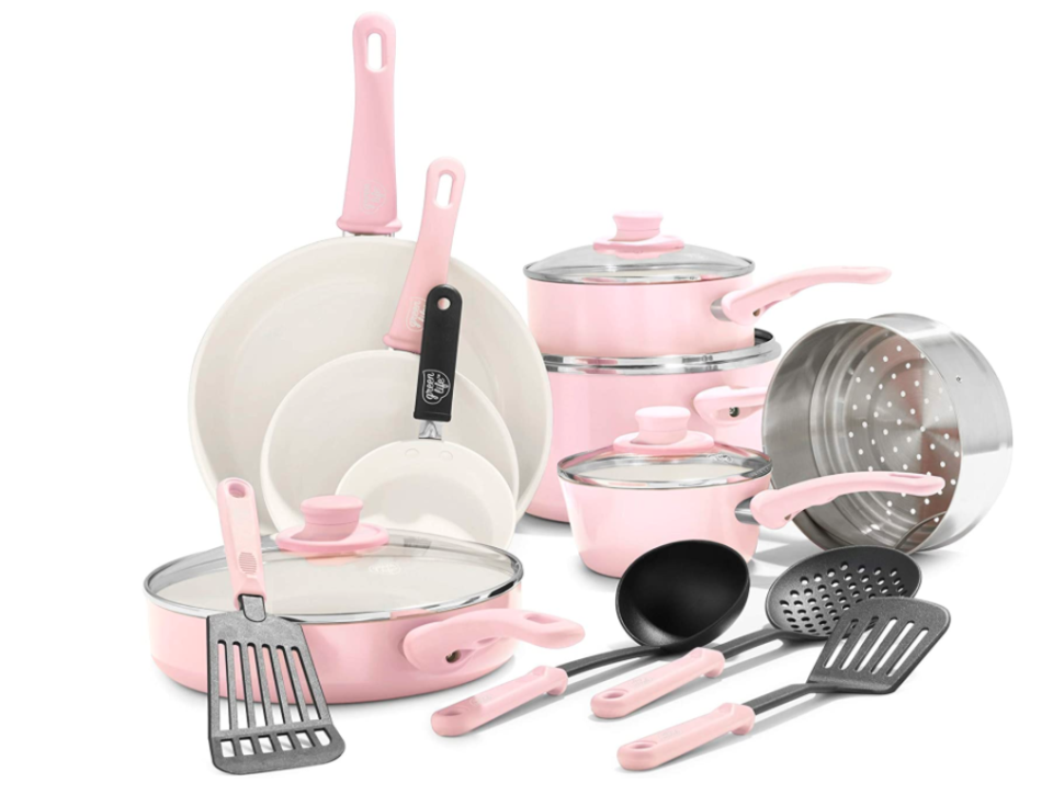 GreenLife Soft Grip Healthy Ceramic Nonstick, Cookware Pots and Pans Set, 16 Piece, Pink