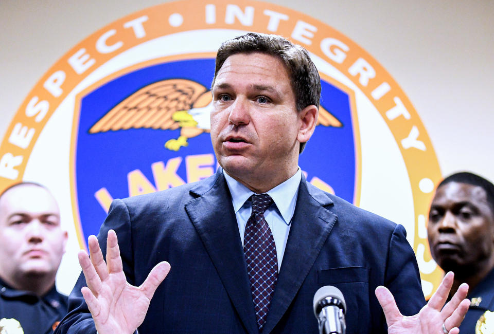 Florida Governor Ron DeSantis speaks at a press conference at the Lakeland, Florida Police Department to announce a new proposal that would provide $5,000 signing bonuses to those who sign on to be law enforcement officers from within the state of Florida, and those who come from out-of-state. 
(Paul Hennessy/SOPA Images/LightRocket via Getty Images)