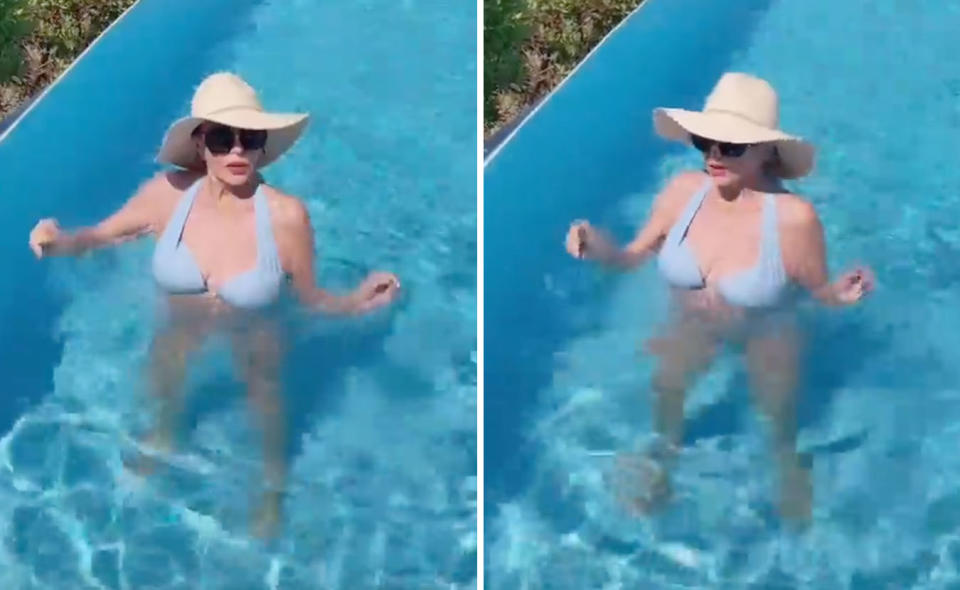 Two photos of Joan Collins wearing a powder blue halterneck bikini, large brimmed hat and sunglasses, in a pool