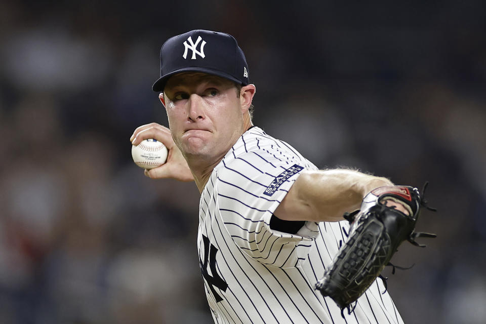 FILE - New York Yankees pitcher Gerrit Cole (45) throws against the Detroit Tigers during the fifth inning of a baseball game Tuesday, Sept. 5, 2023, in New York. Yankees ace Gerrit Cole is scheduled to throw off a mound Saturday, May 4, 2024 for the first time since getting hurt in spring training.(AP Photo/Adam Hunger, File)