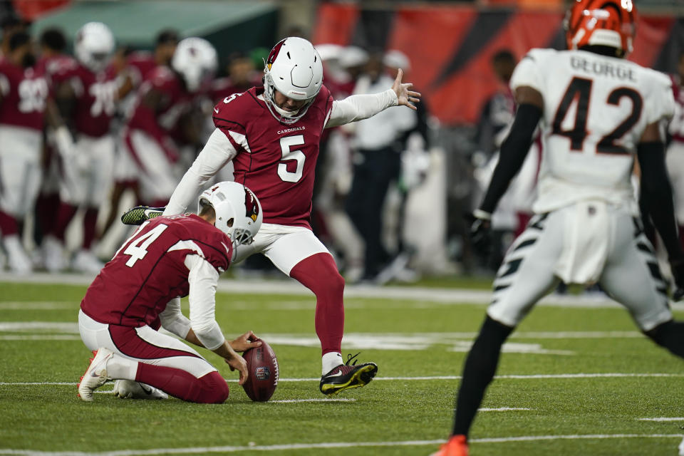 Arizona Cardinals kicker Matt Prater (5) boots an extra point during the second half of an NFL football preseason game against the Cincinnati Bengals in Cincinnati, Friday, Aug. 12, 2022. (AP Photo/Michael Conroy)