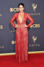 <p>Rodriguez gave new meaning to “red hot” in this plunging gown from Naeem Khan. (Photo: Getty Images) </p>