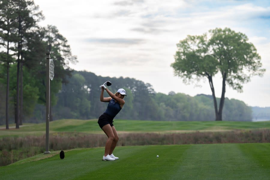 Kelly Xu of the United States plays her stroke from the No. 4 tee during a practice round prior to the Augusta National Women’s Amateur at Champions Retreat Golf Club, Tuesday, April 2, 2024.
