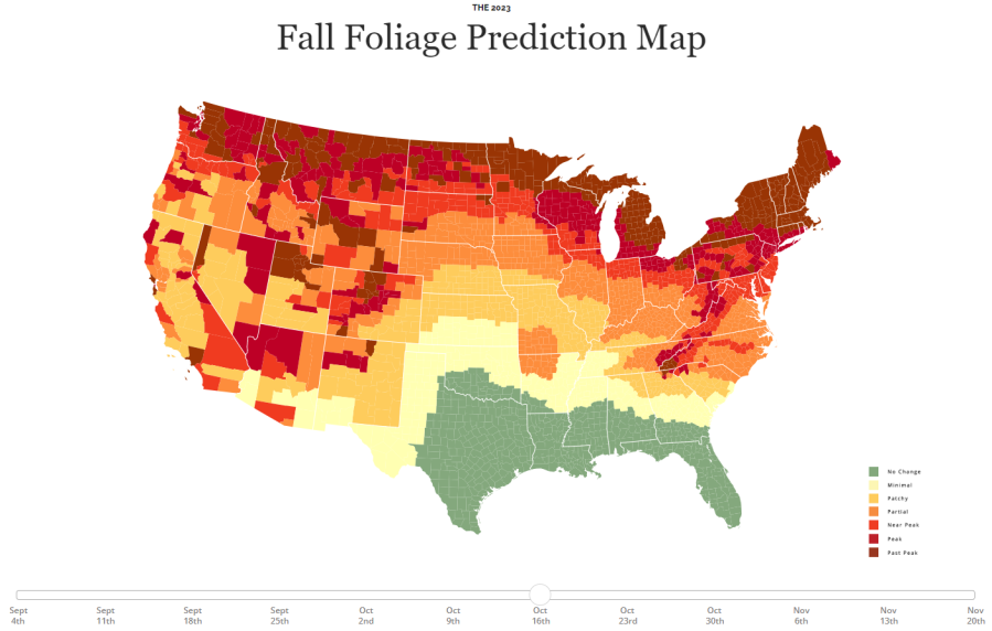 Fall foliage predictions for the week of Oct. 16, 2023. (Smokymountains.com)