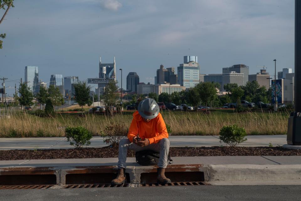 G.Vasquez sits near a construction site in Nashville , Tenn., Monday, July 3, 2023.
