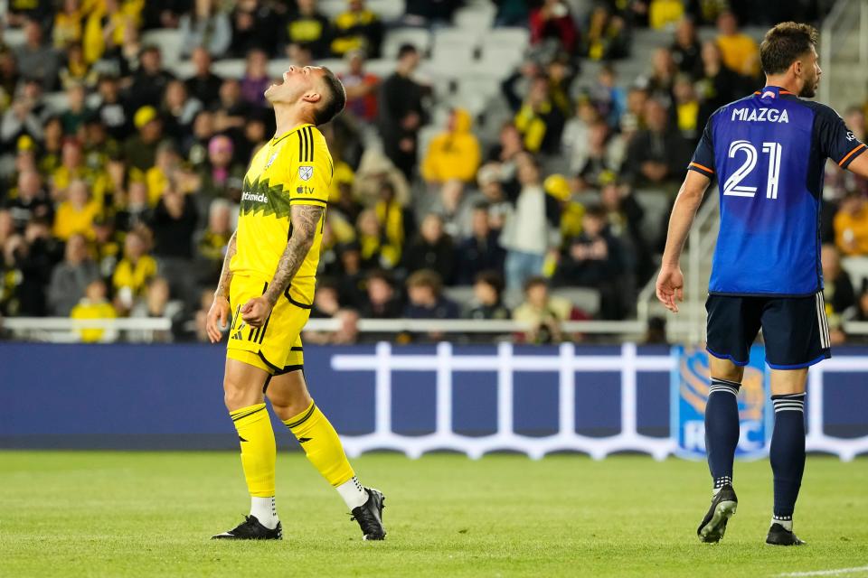 Crew forward Christian Ramirez reacts to a missed shot against FC Cincinnati on Saturday.