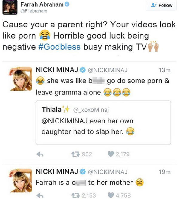 Nicki Minaj Porn Video - Nicki Minaj slams Farrah Abraham 'You're a c***'
