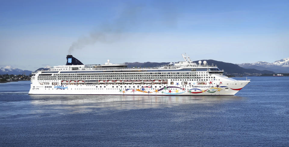 FILE - May 19, 2016 file photo of the cruise ship "Norwegian Star" outside of Aalesund, Norway. A British woman, identified as Kay from England, was rescued Sunday Aug. 19, 2018 after falling from the Norwegian Star cruise ship and spending 10 hours in the Adriatic Sea at night, Croatia's coast guard said. (Halvard Alvik, NTB Scanpix via AP, File)