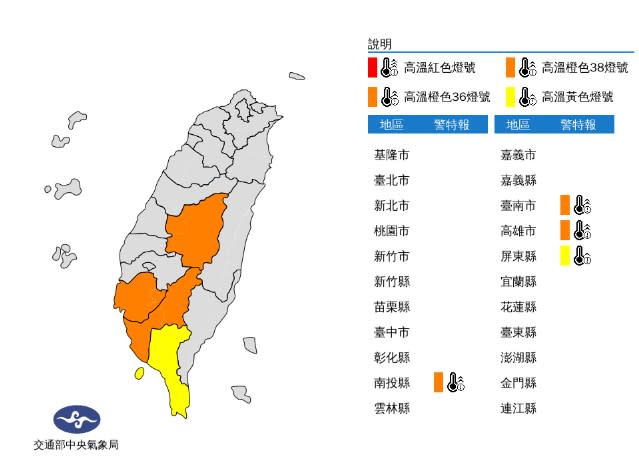 注意防曬！4縣市亮高溫燈號飆36度（中央氣象局）