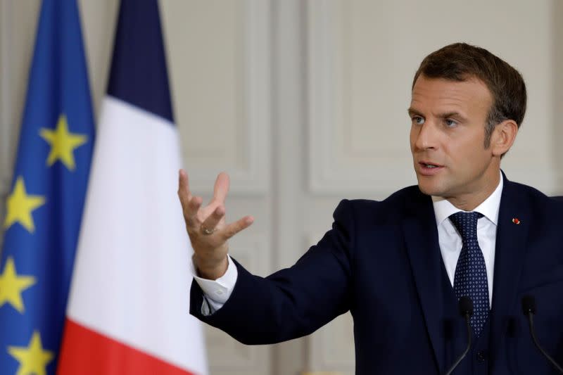 French President Emmanuel Macron holds a news conference on the political situation in Lebanon following Lebanon's Prime Minister-designate Moustapha Adib's resignation, in Paris