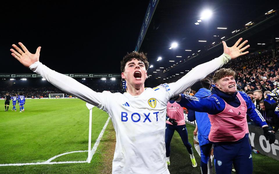 Archie Gray of Leeds United celebrates after scoring a goal to make it 2-1 during the Sky Bet Championship match between Leeds United and Leicester City at Elland Road on February 23, 2024 in Leeds, England