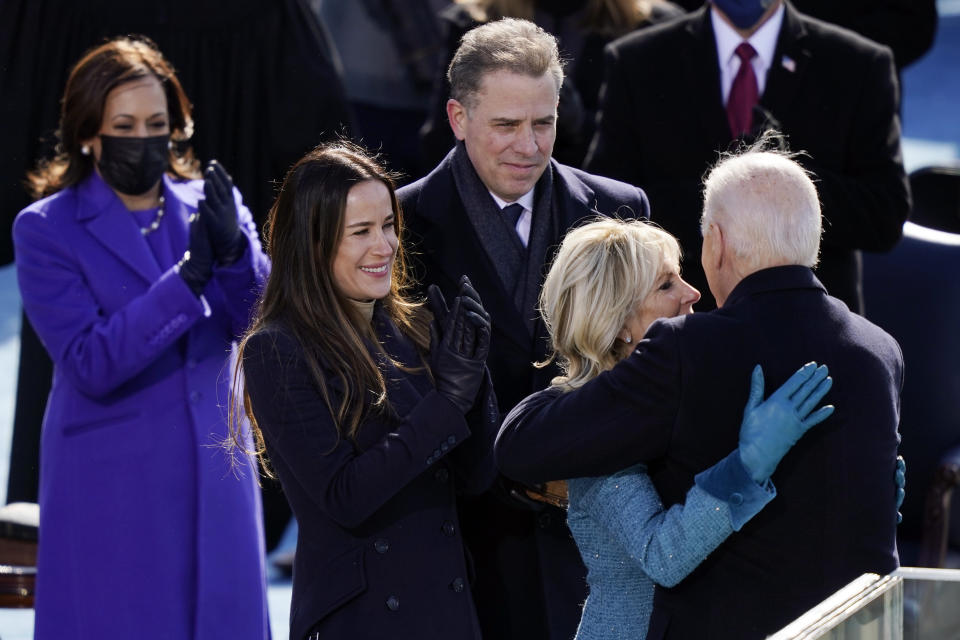 Ashley and other members of the Biden family embrace at President Biden's inauguration on Jan. 20, 2021.