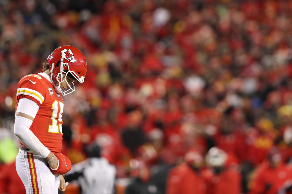 Patrick Mahomes was forced to watch Tom Brady dissect a tired Chiefs defense in OT without being provided the opportunity to return the favor. (Getty)