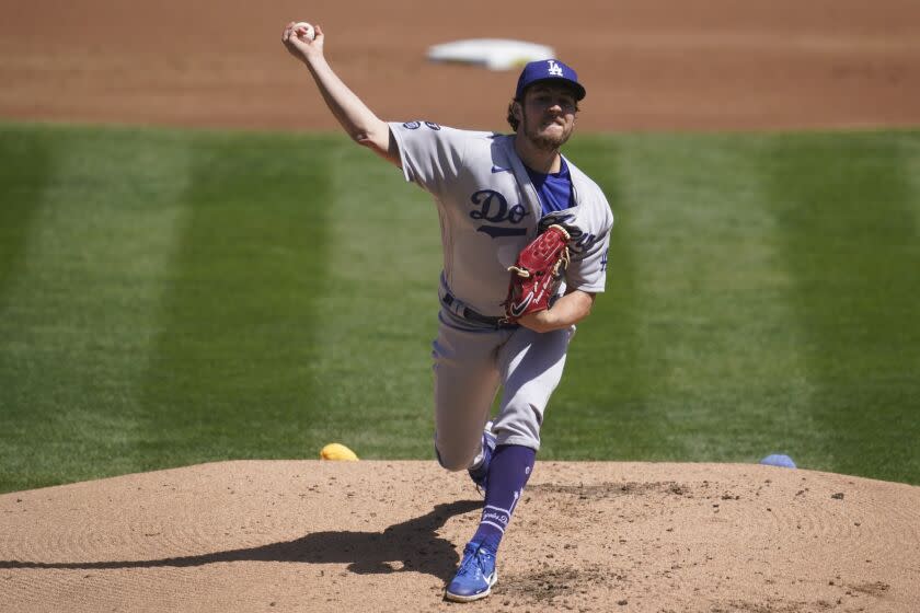 Los Angeles Dodgers pitcher Trevor Bauer against the Oakland Athletics during a baseball game.