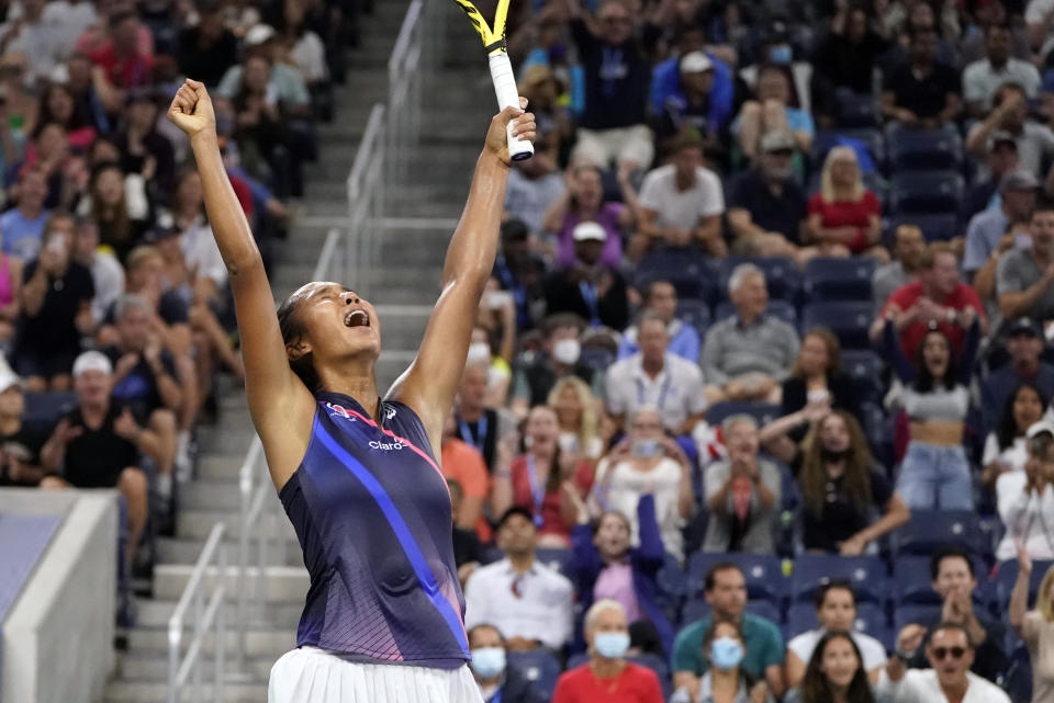 Leylah Fernandez, of Canada, reacts after defeating Angelique Kerber, of Germany, during the fourth round of the US Open tennis championships, Sunday, Sept. 5, 2021, in New York. (AP Photo/John Minchillo)