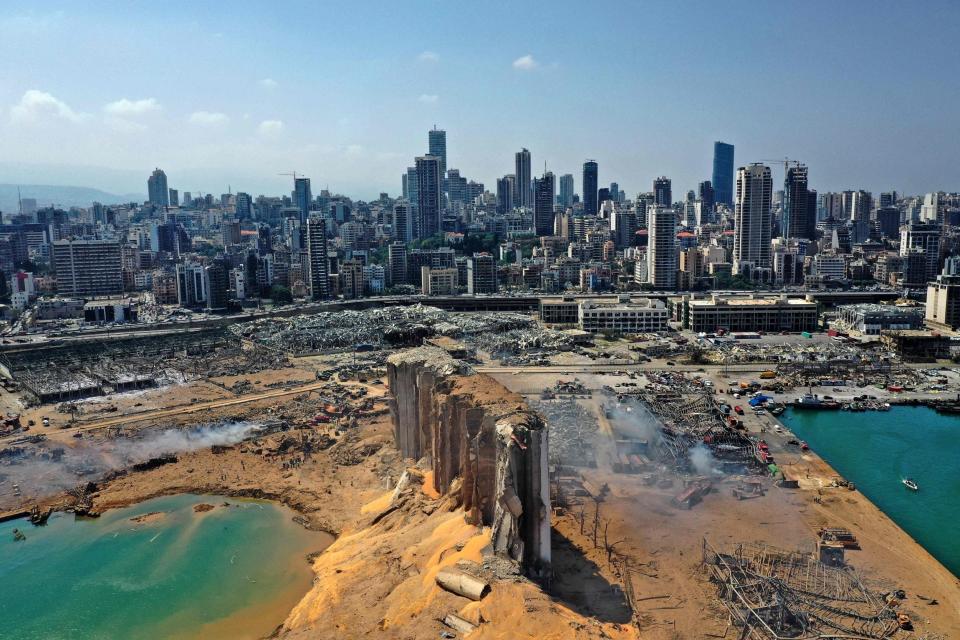 An aerial view shows the massive damage done to Beirut port's grain silos and the surrounding area: AFP/Getty