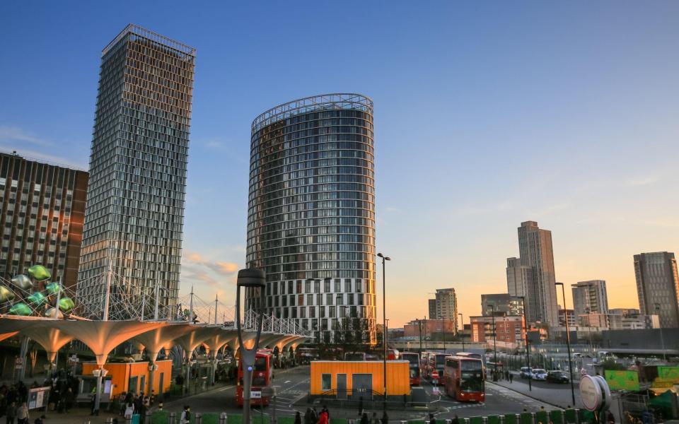 Stratford Bus Station and new residential apartment blocks, Stratford, Newham, London