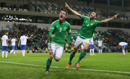 Football - Northern Ireland v Greece - UEFA Euro 2016 Qualifying Group F - Windsor Park, Belfast, Northern Ireland - 8/10/15 Steven Davis celebrates after scoring the third goal for Northern Ireland Action Images via Reuters / Jason Cairnduff Livepic