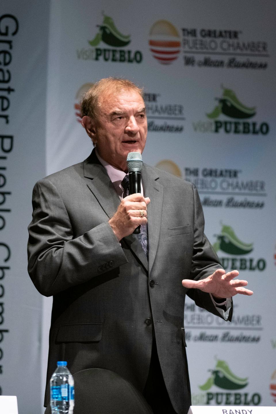 Randy Thurston speaks as a candidate for Pueblo Mayor during the 2023 Greater Pueblo Chamber of Commerce candidate debates at Memorial Hall on Thursday, October 5, 2023.