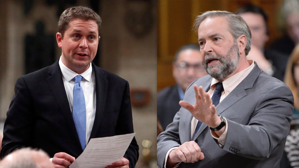 The newly-elected leader of the Conservative Party Andrew Scheer and outgoing NDP leader Thomas Mulcair. Photo from CP Images
