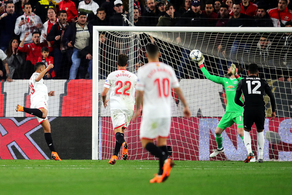 David De Gea saves a point-blank header from Luis Muriel in Manchester United’s 0-0 draw at Sevilla. (Getty)