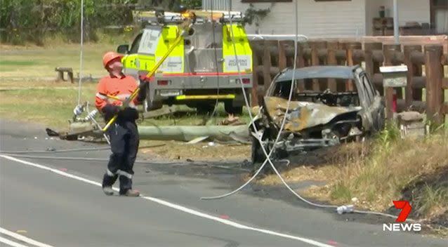 It's believe fallen powerlines may have caused the car to catch fire. Source: 7 News