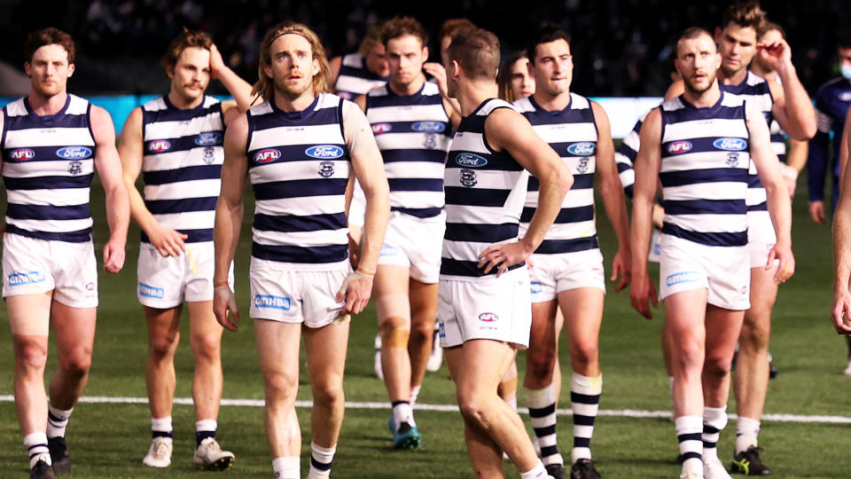 Geelong players, pictured here after their loss to Port Adelaide. 