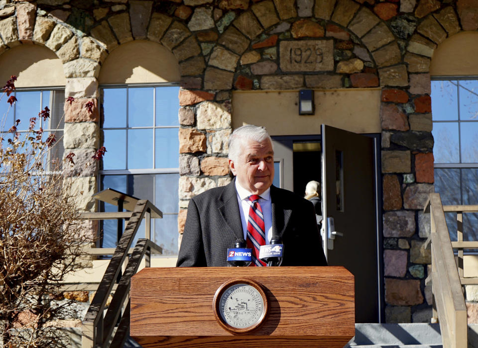 Nevada Gov. Steve Sisolak at the Stewart Indian School on Friday, Dec. 3, 2021 in Carson City, Nev. Sisolak met with tribal leaders and federal officials to discuss investigating the residential school as part of the Federal Boarding School Initiative Review. (AP Photo/Samuel Metz)