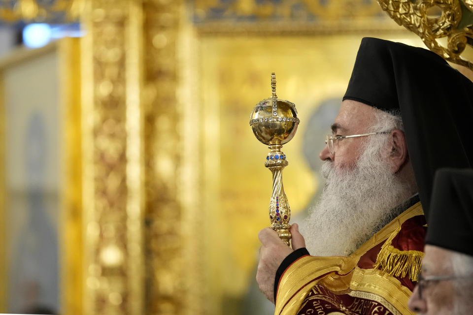 The head of Cyprus' Orthodox Church Archbishop Georgios looks on during his enthronement ceremony at Saint Barnabas Cathedral in capital Nicosia, Cyprus, Sunday, Jan. 8, 2023. Archbishop Georgios formally assumed his new duties following an enthronement ceremony evoking the splendor of centuries of Byzantine tradition before an audience of Orthodox clergy from around the world with the notable exception of the Russian church. The Cyprus Church has recognized the independence of the Orthodox Church of Ukraine. (AP Photo/Petros Karadjias)