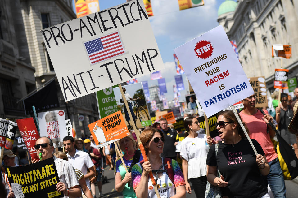 <p>Protesters join a Women’s march in central London to demonstrate against President Trump’s visit to the UK, on July 13, 2018 in London, England. (Photo: Chris J Ratcliffe/Getty Images) </p>