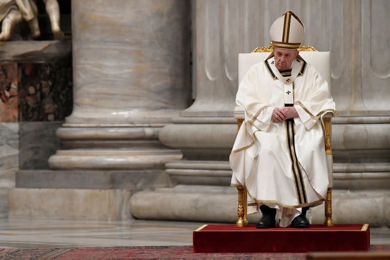 Pope Francis leads an Easter vigil service with no public participation due to the coronavirus (COVID-19) outbreak, in Vatican