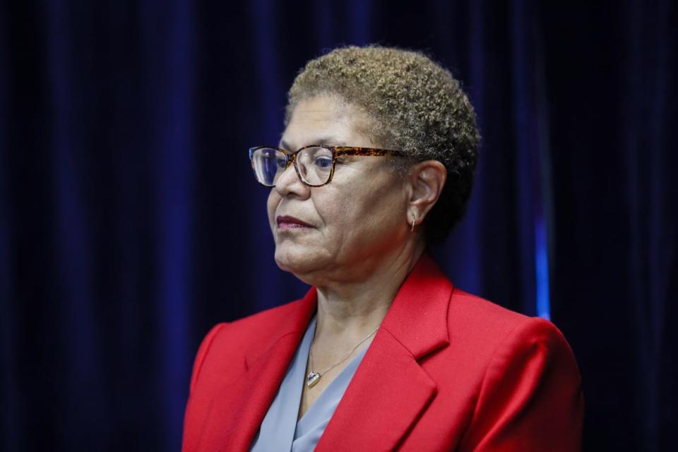 Los Angeles, CA, Friday, February 17, 2023 – LA Mayor Karen Bass along with FBI, LAPD and Jewish community leaders at a press conference announcing the arrest of Jaime Tran for the attempted murder of two people outside separate synagogues. (Robert Gauthier/Los Angeles Times via Getty Images)