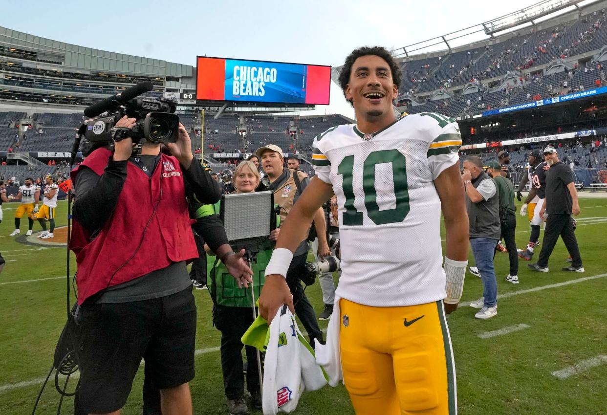 Green Bay Packers quarterback Jordan Love was all smiles after the 38-20 win over the Chicago Bears on Sept. 10, at Soldier Field in Chicago. He'll look to go 2-0 against the Bears on Sunday when the Packers conclude the 2023 season with their rivals.