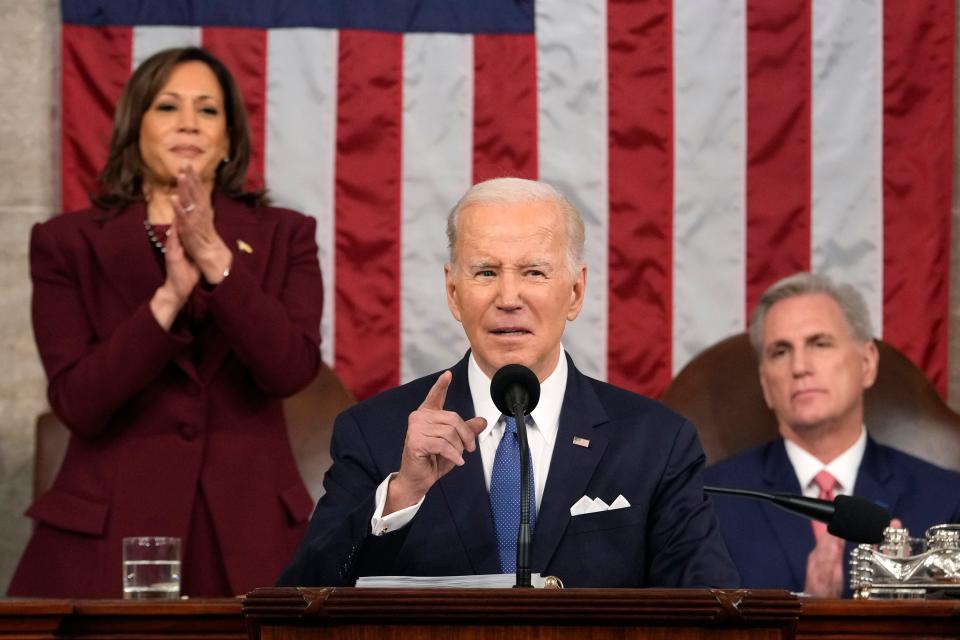 President Joe Biden delivers the State of the Union address as Vice President Kamala Harris and House Speaker Kevin McCarthy listen on Feb. 7, 2023.
