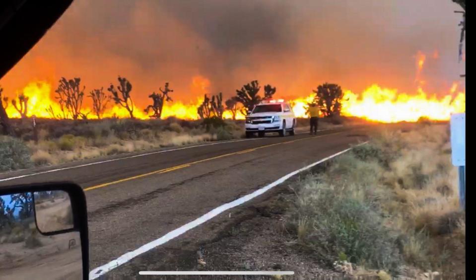 The Dome Fire burns near Cima Road in the Mojave National Preserve on Sunday, Aug. 16, 2020. The blaze charred more than 20,000 acres by Sunday evening.