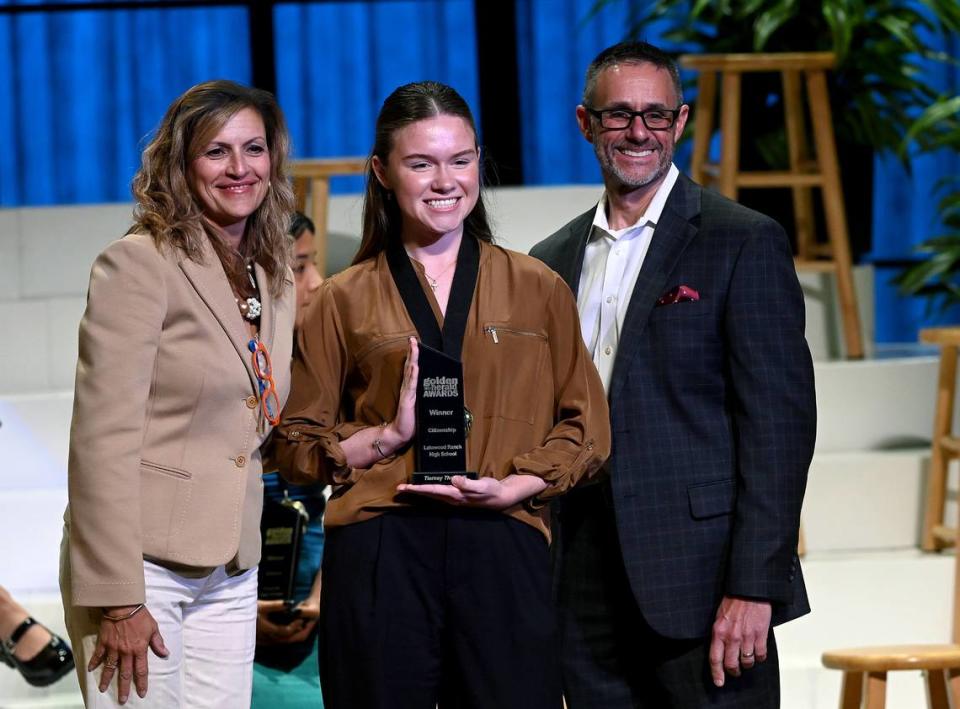 2023 Golden Herald Award winner in Citizenship Tierney Thornhill with presenters Jackie Barron and Tom McDougal Thursday night.