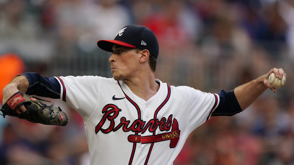 Atlanta Braves starting pitcher Max Fried delivers to a Tampa Bay Rays batter in the first inning of a baseball game Saturday, July 17, 2021, in Atlanta. (AP Photo/John Bazemore)