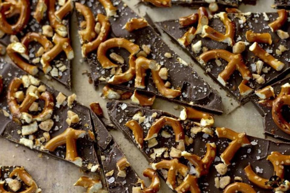 <p>Southern Bite</p><p>Dark chocolate goes so well with a salty accent.</p><p><strong>Get the recipe: <a href="https://southernbite.com/salted-dark-chocolate-pretzel-bark/" rel="nofollow noopener" target="_blank" data-ylk="slk:Salted Dark Chocolate Pretzel Bark;elm:context_link;itc:0;sec:content-canvas" class="link ">Salted Dark Chocolate Pretzel Bark</a></strong></p>