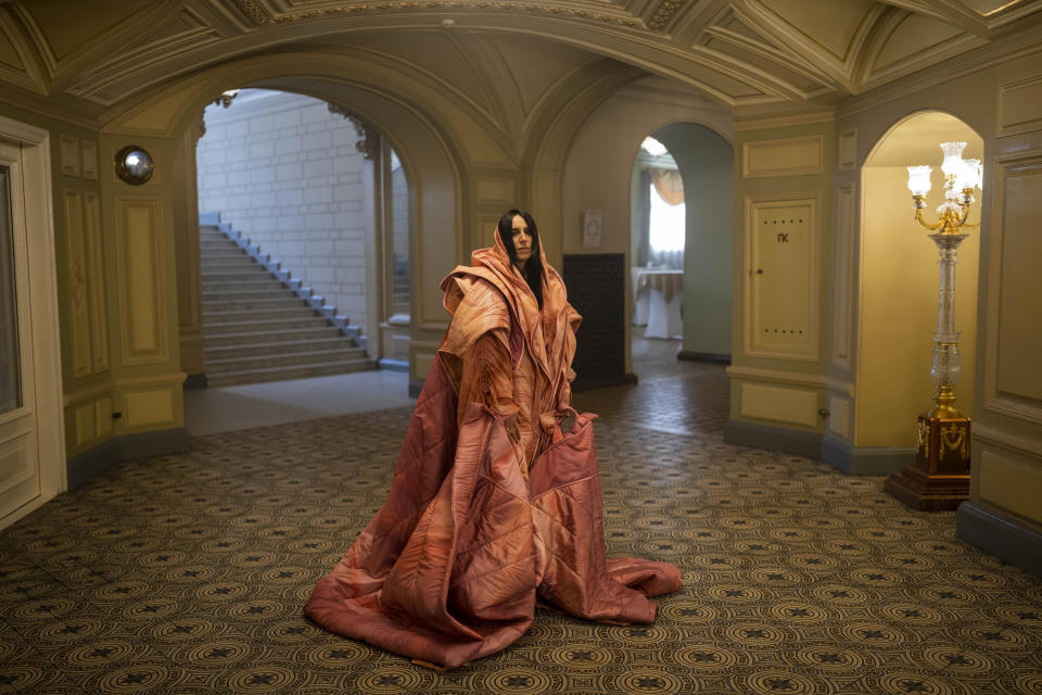 Ukrainian singer Jamala poses for a portrait prior to her concert at the National Opera in central Kyiv on Friday, May 5, 2023. Jamala won the Eurovision Song Contest in 2016 with a song about the deportation of Crimean Tatars. Fast forward to this Eurovision week and she's launching a new album, filled with more stories about her ancestors. (AP Photo/Bernat Armangue)