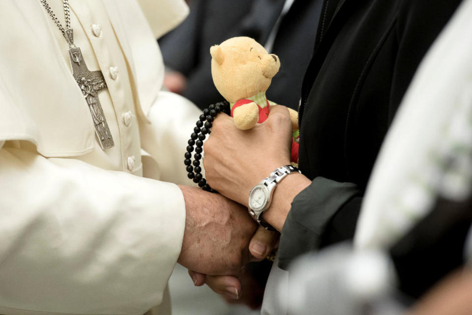 <p>Pope Francis meets relatives and close friends of the more than 80 victims of the attack in Nice during a special audience in Paul VI hall at the Vatican Sept. 24, 2016. (Photo: Osservatore Romano/Reuters)</p>