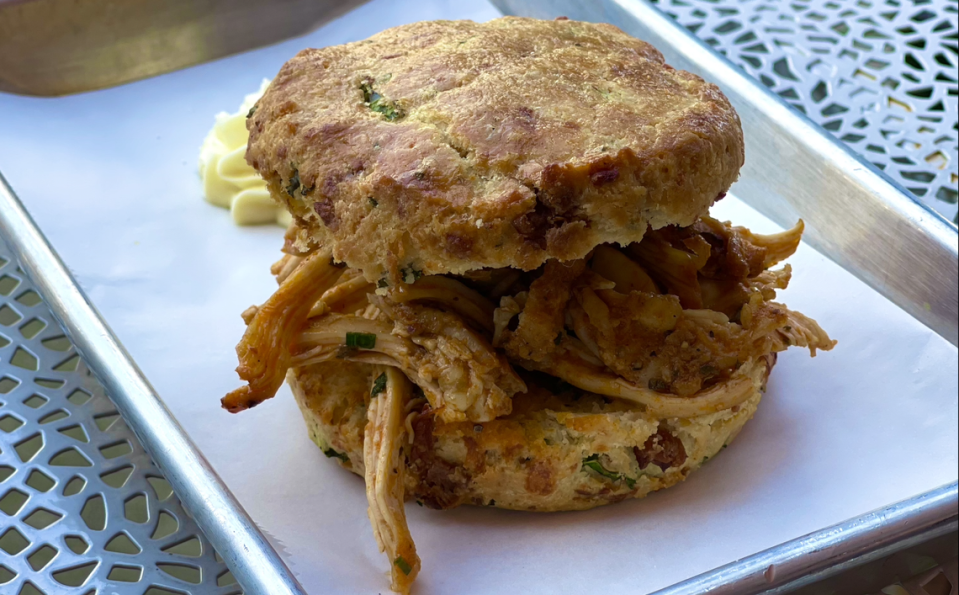 Stable Hand’s bacon-stuffed biscuit with smokey Cajun chicken.