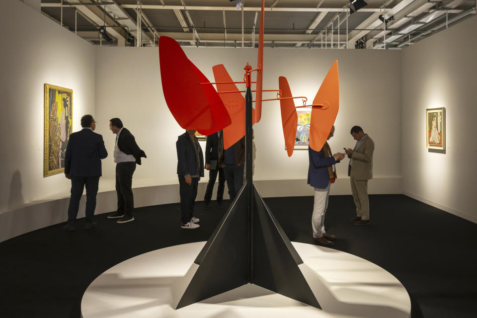 The artwork Gouvernails Rouges (1967) by US-American artist Alexander Calder is on display at the international art show Art Basel, in Basel, Switzerland, Tuesday, June 11, 2024. (Georgios Kefalas/Keystone via AP)