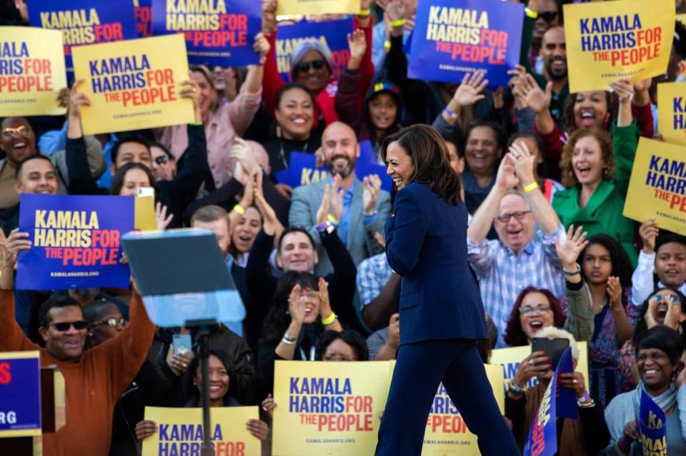 Supporters applaud Sen. Kamala Harris as she launches her 2020 Presidential campaign in Oakland in January 2019. She dropped out of the race in December 2019 due to a lack of money and support.